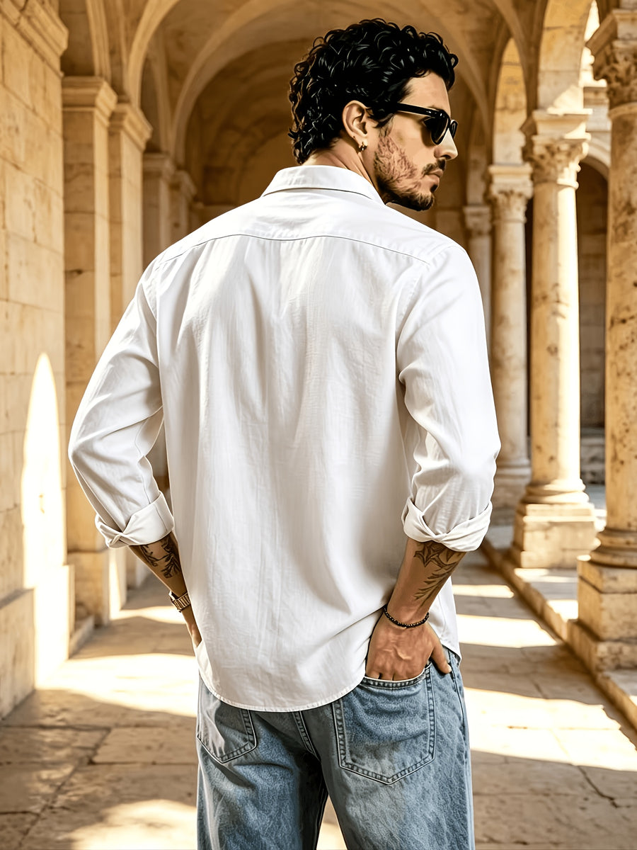 Men's Button Front Long Sleeve Shirts for Summer, Classic Solid Color Lapel Casual Work Shirts, Loose Fit Lightweight Breathable Daily Tops, Vintage Fashion Outdoor Vacation Blouses - White