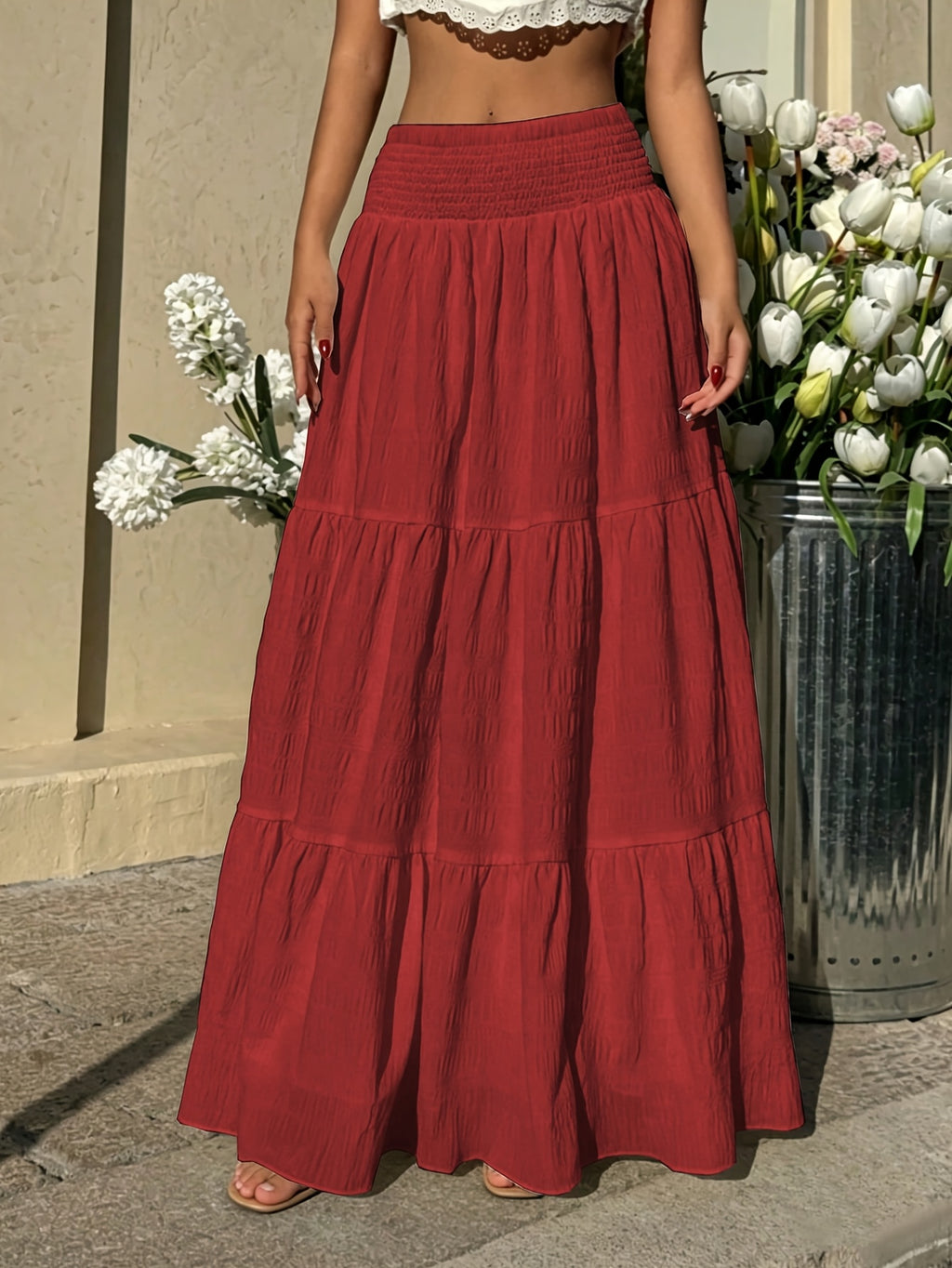 Women'S Spring Autumn Pleated Texture Half Skirt, Elastic Shirring Layered Solid Color Skirt - Red