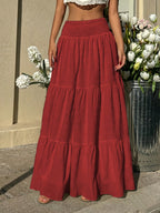 Women'S Spring Autumn Pleated Texture Half Skirt, Elastic Shirring Layered Solid Color Skirt - Red