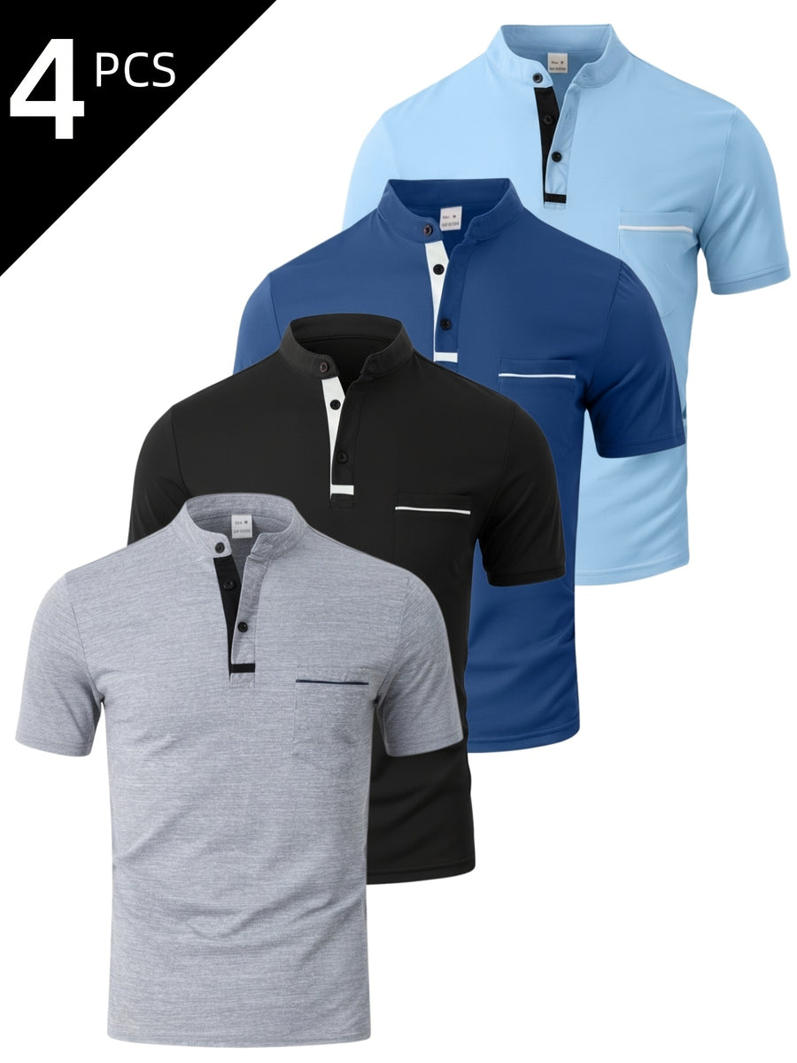 [Josh May OBM] 4pcs Set, Solid Color Stand-Up Collar Henley Shirts, Breathable Quick-Dry Casual Shirts, Lightweight Stretch, No Ironing Required, Durable And Wearable, Button-Up Design, Suitable for Summer Office, Yacht Wear, Casual Attire - Black+Grey+Sea Blue+Light Blue