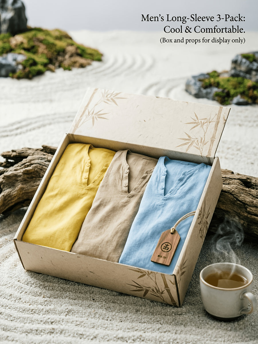 Men'S Linen Long-Sleeve 3pcs, Breathable Henley Neck Loose Fit T-Shirts for Spring And Autumn, Versatile for Business Casual, Commuting, And Lounging. (Box And Props for Display Solely) - Yellow+Khaki+Sky Blue