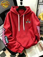[Warner Bros] Officially Licensed Cute Powerpuff Heart Pattern Print Hoodie - Men'S Fashion Sweatshirt, Adjustable Drawstring Loose Comfortable Hoodie, Suitable for Daily And Outdoor Wear, Perfect Choice for Warmth in Autumn And Winter! Unisex - Red