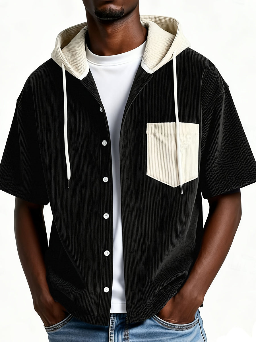 2026 New Men'S Corduroy Short Sleeve Hooded Sweatshirt, Fashionable Versatile Jacket, Comfortable Trendy Top, Suitable for Casual Outdoor Daily Wear - Black