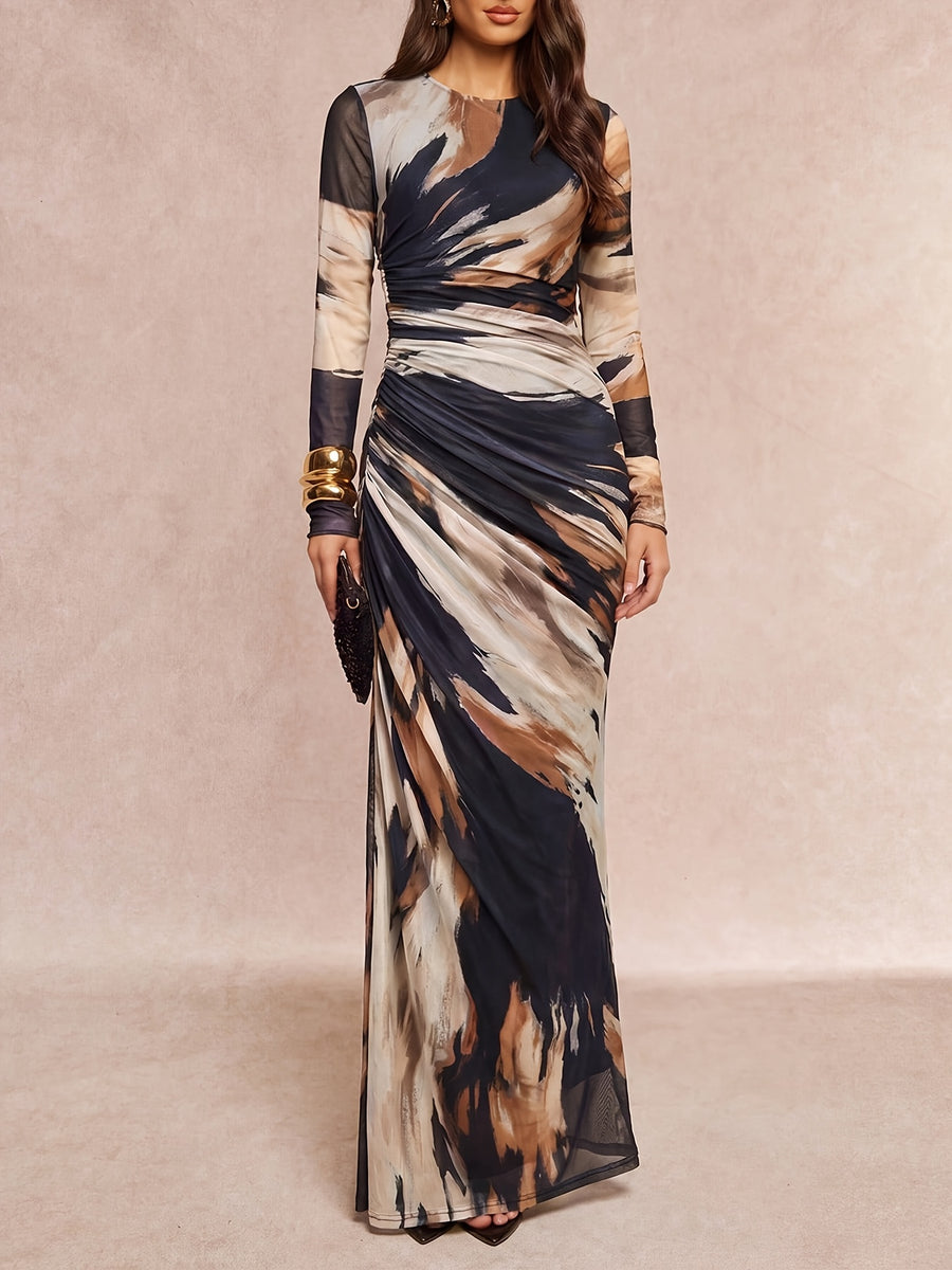 Elegant Special Women'S Mesh Gradient Ombre Printed Round Neck Long Sleeve Ruched Waist Long Dress, Spring Autumn Elegant Dress Suitable for Evening Parties, Dates, Birthday Gatherings, Red Carpet Styling, Mature Atmosphere Long Skirt [ZLLZ] - Mixed colors