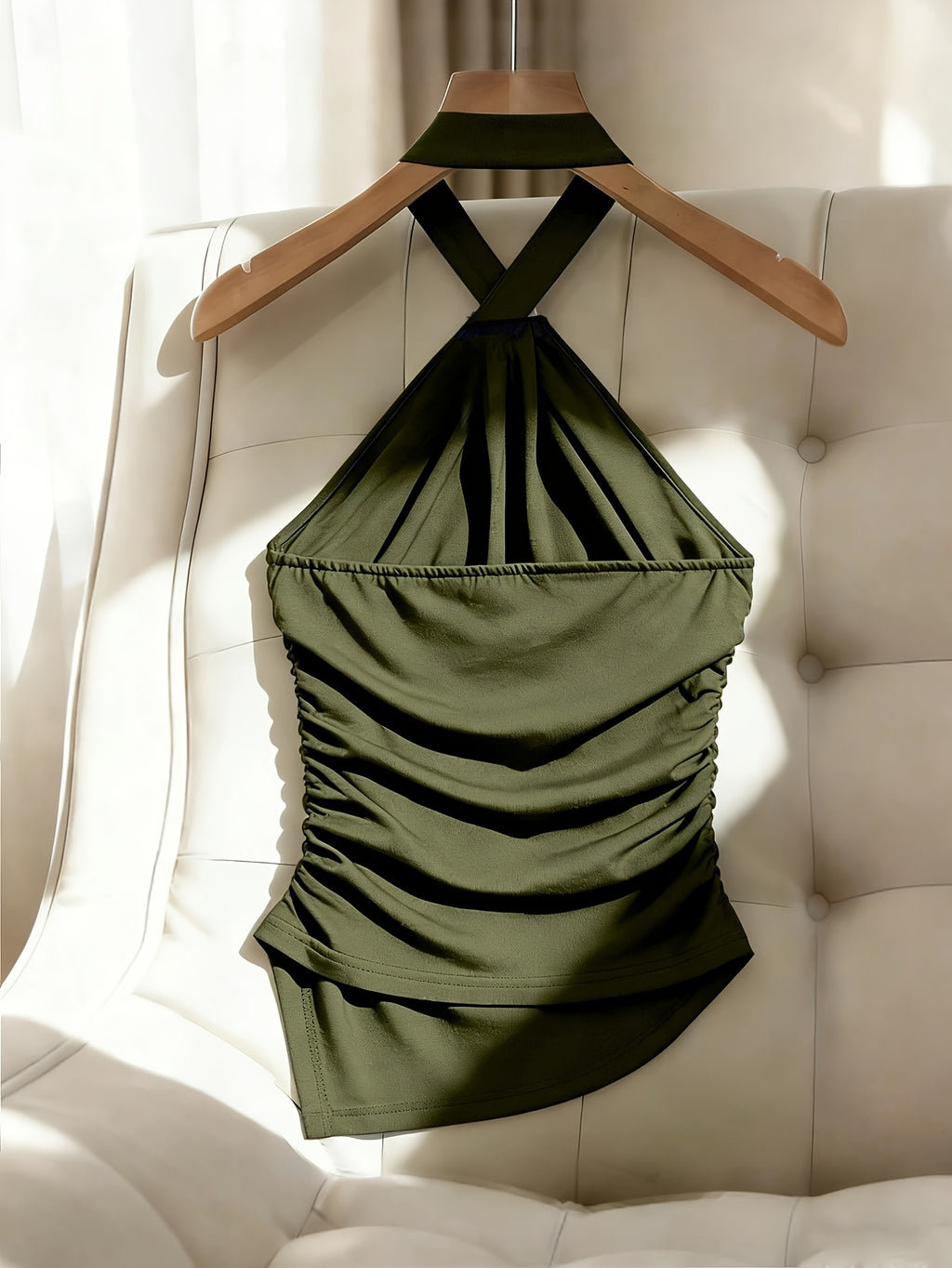 Women'S Solid Color Halter Slim Off-Shoulder Elegant Asymmetrical Hem Top, Side Waist Cinched Ruched Blouse, Metal Decor Button Design, Suitable for Dates, Gatherings, Commuting, Casual Fashion Versatile Premium Style - All-Season - Olive Green