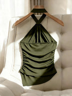 Women'S Solid Color Halter Slim Off-Shoulder Elegant Asymmetrical Hem Top, Side Waist Cinched Ruched Blouse, Metal Decor Button Design, Suitable for Dates, Gatherings, Commuting, Casual Fashion Versatile Premium Style - All-Season - Olive Green