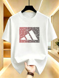 Men's Black and Red Gradient Geometric Pattern Print T-shirt, Summer Crew Neck Short Sleeve - White