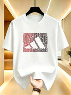 Men's Black and Red Gradient Geometric Pattern Print T-shirt, Summer Crew Neck Short Sleeve - White