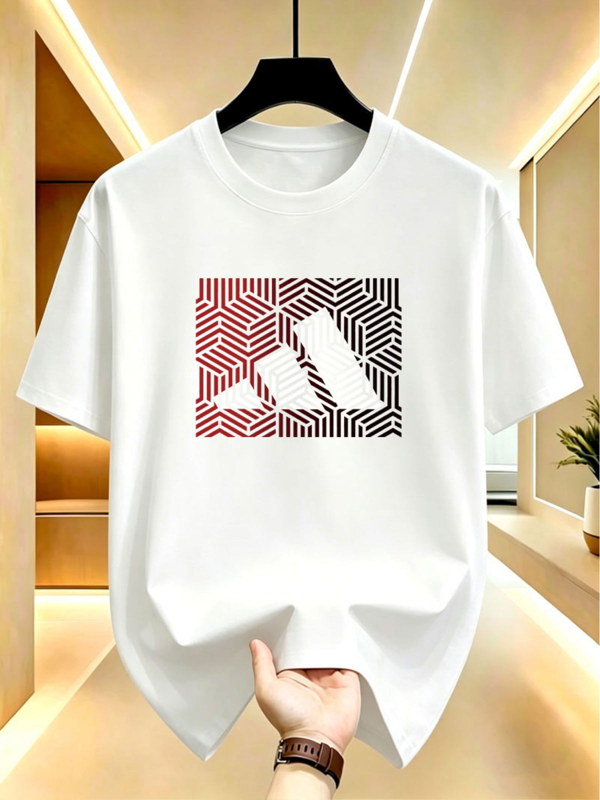 Men's Black and Red Gradient Geometric Pattern Print T-shirt, Summer Crew Neck Short Sleeve - White