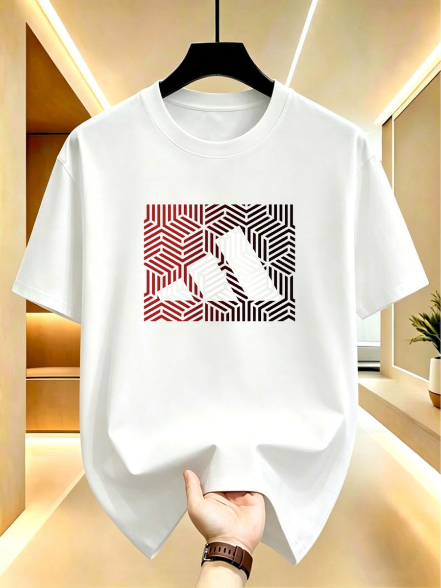 Men's Black and Red Gradient Geometric Pattern Print T-shirt, Summer Crew Neck Short Sleeve - White