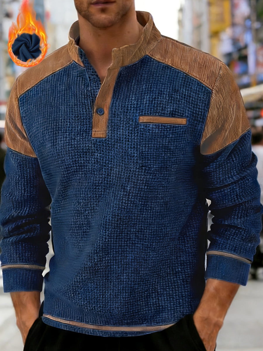Men's American-style Casual Stand-up Collar Shirt with a Half-opening Button Placket Design, Retaining the Smart and Neat Look of a Stand-up Collar. The Addition of Two Buttons Enhances the Layered Style and Breathability. The Shoulders - Navy Color