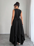 Women'S Elegant Vacation Casual Daily Outerwear Tie-Belt A-Line Asymmetrical Hem Dress - Black