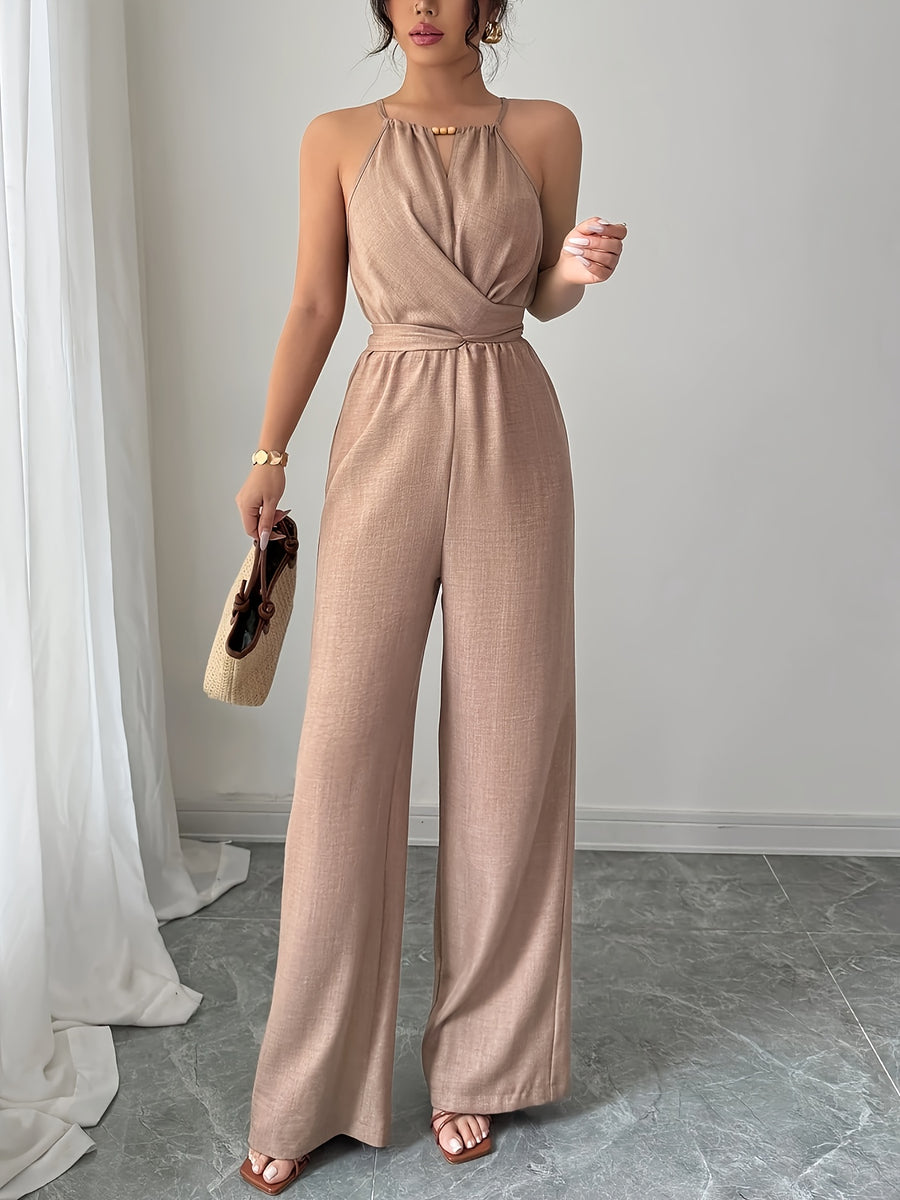 Women's Spring/Summer Casual Pleated Strappy Twist-Waist Maxi Jumpsuit - Khaki
