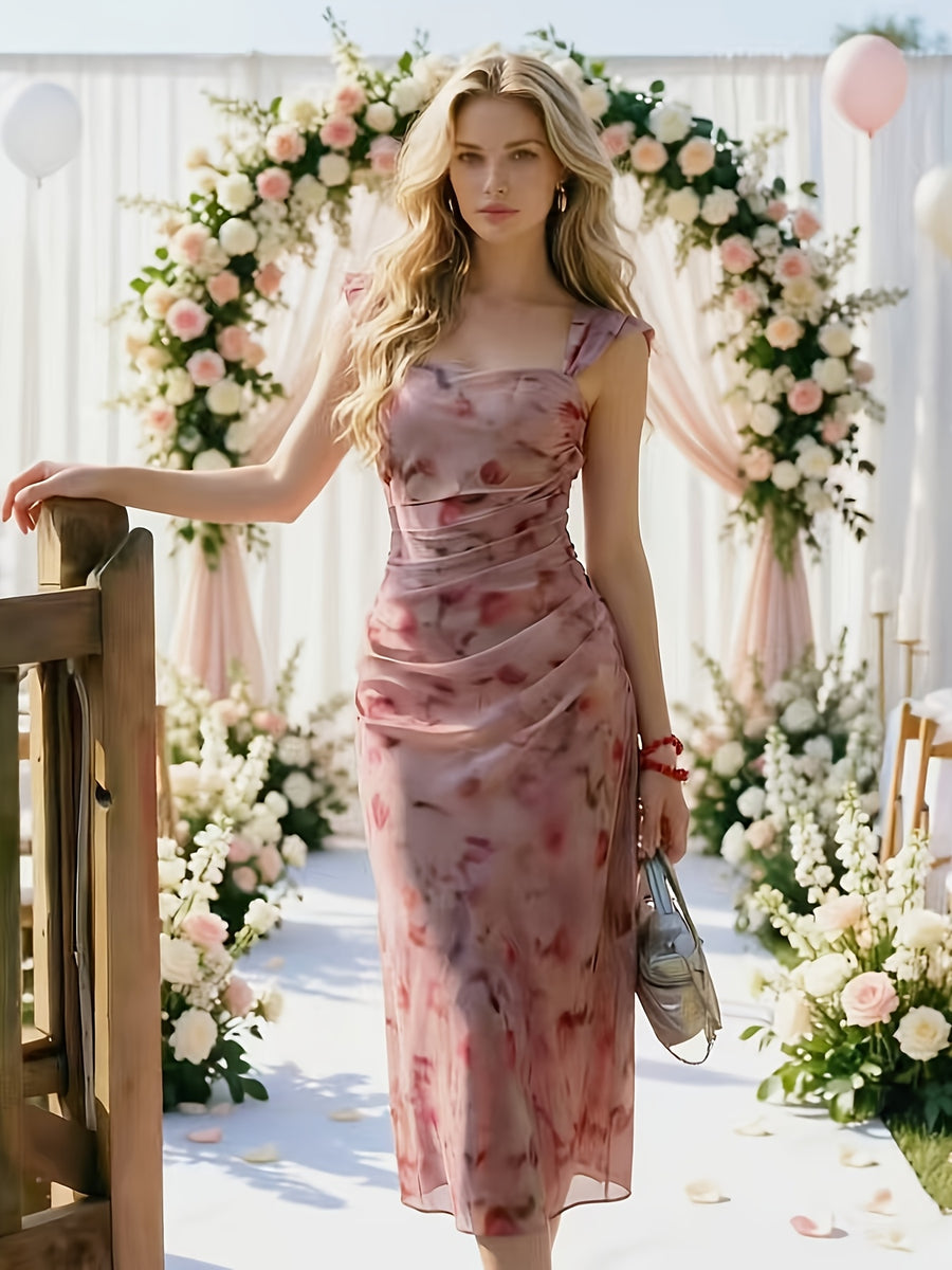 ASD1 2026 New Suspender Dress Women'S Summer Pleated Waist Temperament Mid-Length Dress, Mesh Dress, Gentle Style Fairy Dress. Retro Print Dress, Diverse Color Design, Gentle Vacation Style Long Skirt, French Romantic Style, Drape Mesh, Beach - Pink