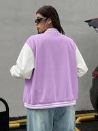 Women'S Fleece Baseball Jacket with Street-Style Letter A Print, Featuring Snap Buttons, Perfect for Casual Outdoor Sports in Autumn And Winter, Suitable for Everyday Wear - Light Purple