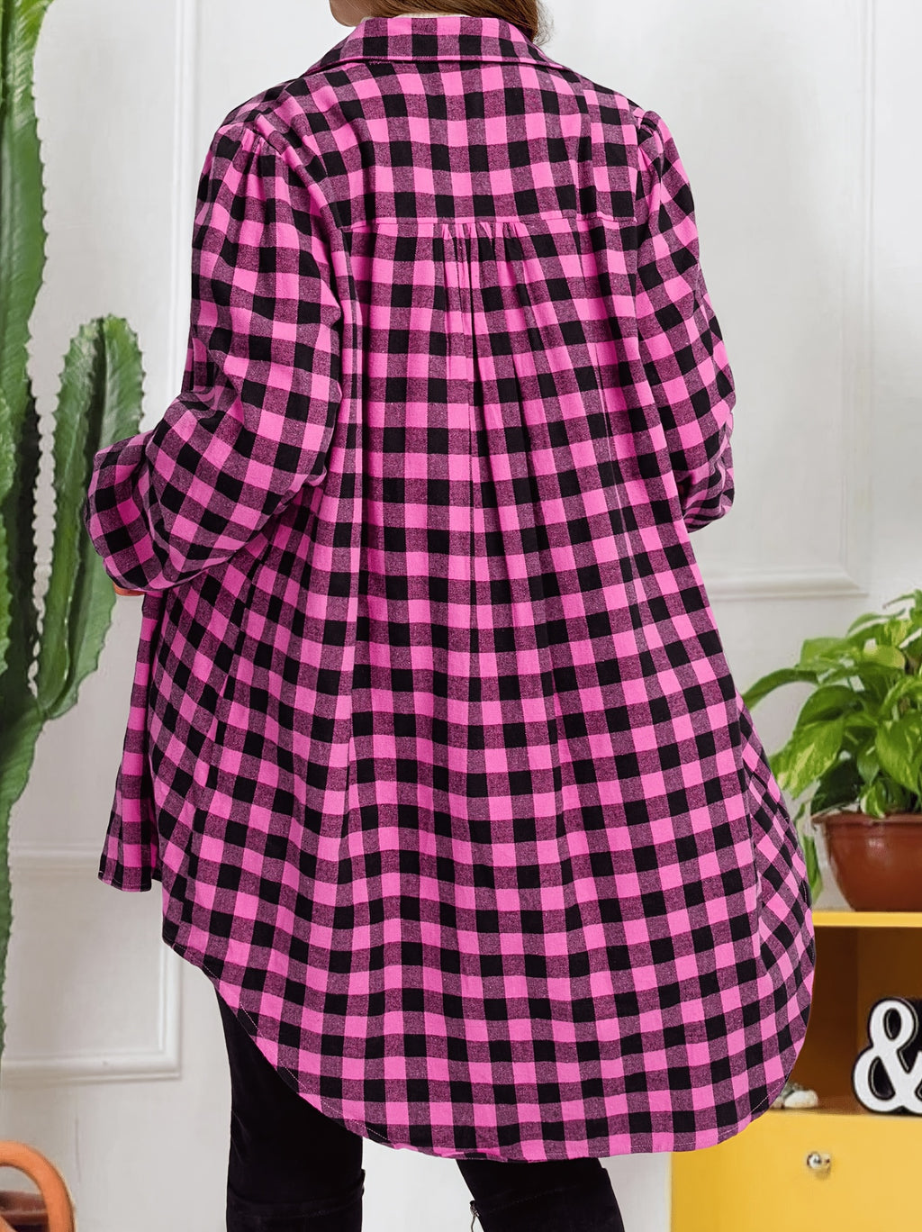 Plus Size, Women's Plus Size Elegant Black Checkered Lantern Sleeve Soft Breathable Vintage Street Style Casual Shirt Jacket - The color of rouge