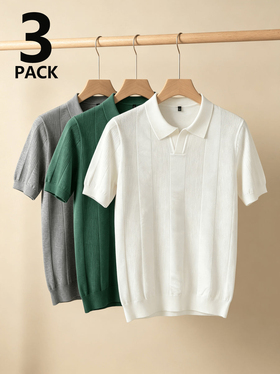 Men 3pcs Vertical Textured Knit Polo Shirts, Slim Fit Notch Collar Short Sleeve Knitwear, Lightweight Comfort Shirts for Office Vacation Daily Wear - Gray-Green-White