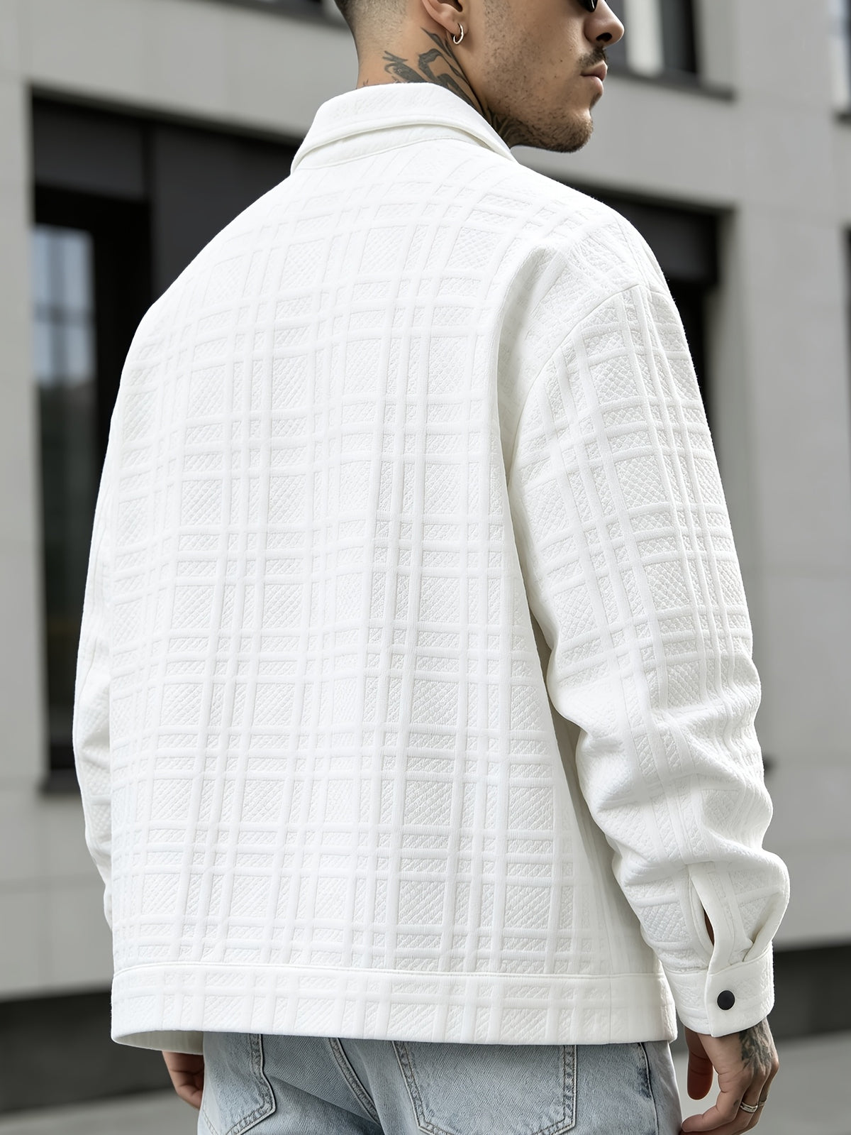 Men's Autumn/Winter Casual Waffle Knit Jacquard Jacket Shirt, Loose-Fit Versatile Workwear Style, Stretchy Knitted Fabric, Suitable for Daily Outdoor, Commuting, and Business Wear, Can Be Given as a Gift - White