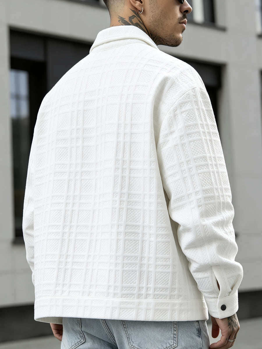 Men's Autumn/Winter Casual Waffle Knit Jacquard Jacket Shirt, Loose-Fit Versatile Workwear Style, Stretchy Knitted Fabric, Suitable for Daily Outdoor, Commuting, and Business Wear, Can Be Given as a Gift - White