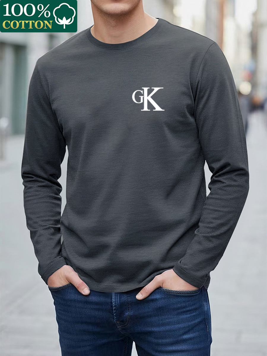 Men's 100% Cotton Autumn T-Shirt, Crew Neck Casual Spring/Autumn Long Sleeve T-Shirt, Comfortable and Soft Men's Top - Dark Gray