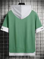 Color-Block Hooded Men'S Casual Letter Print Faux Two-Piece Short Sleeve T-Shirt - Light Green