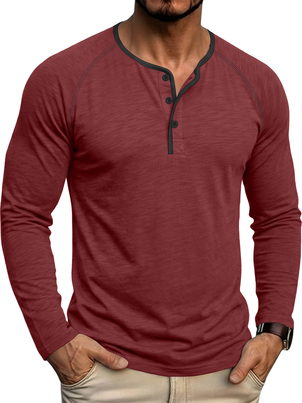 Autumn/Winter Cross-Border Men's Long Sleeve Crew Neck Henley Shirt, European and American Style Men's Pullover Base Layer T-Shirt - Red