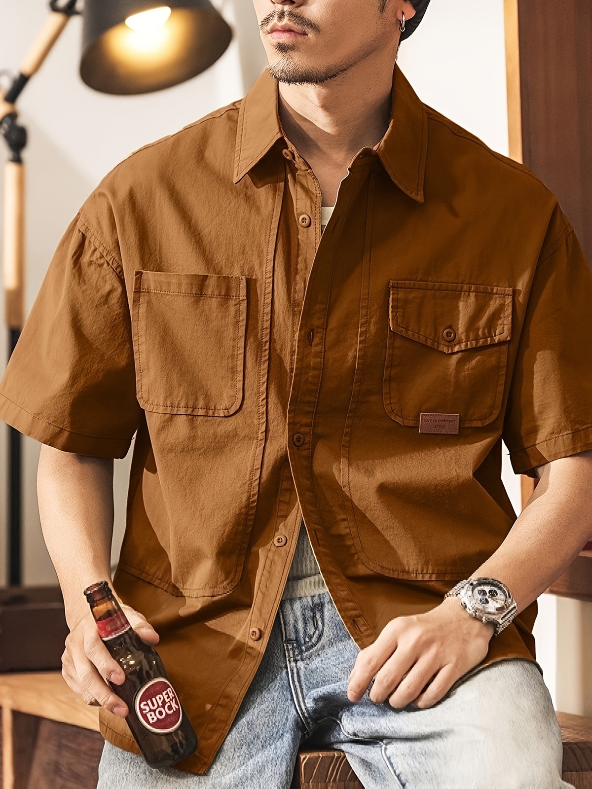Men's Casual Short Sleeve Shirt, Blend Workwear Button Shirt with Multi Pockets, Solid Color Loose Fit, Breathable Summer Tops for Outdoor Daily WearMen's Multi-Pocket Short Sleeve Work Shirt, Casual Loose Fit Blend Button Shirt for Daily & Outdoor - Chocolate