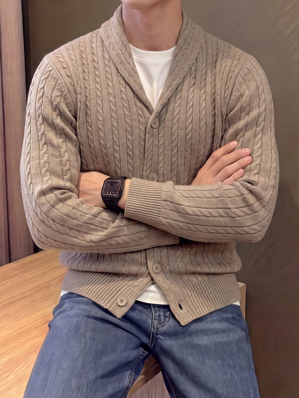 Autumn Winter Men'S Button-Up Sweater, Lapel Sweater Jacket, Solid Color Twisted Rope Cable Pattern, Casual Retro Style, Comfortable Soft Fabric, Men'S Outerwear, Men'S Sweater, Knit - Khaki