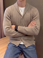 Autumn Winter Men'S Button-Up Sweater, Lapel Sweater Jacket, Solid Color Twisted Rope Cable Pattern, Casual Retro Style, Comfortable Soft Fabric, Men'S Outerwear, Men'S Sweater, Knit - Khaki