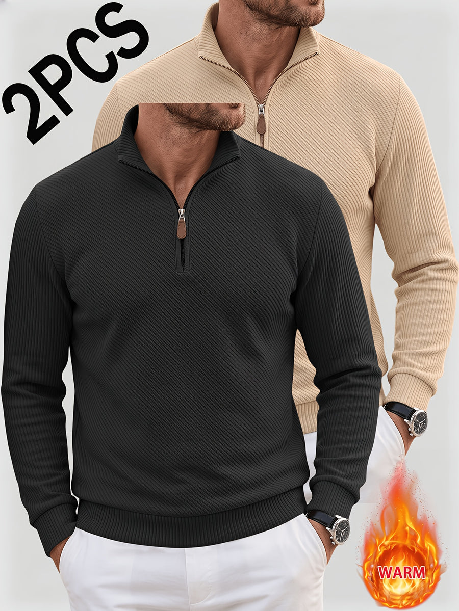 2pcs Men'S Autumn Winter New Corduroy Textured Half-Zip Stand Collar Knit Sweater Set, Light Luxury Long Sleeve Elastic Ribbed Base Layer Business Casual Inner Outerwear; Daily Commute, Home Entertaining, Camping Dating Scenarios - Black+Khaki