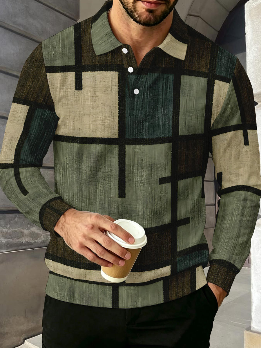 Color-Block Men'S Long Sleeve Polo Shirt, Lapel 3-Button Casual Top, Oil Painting Block Plaid Contrast Print, Spring Autumn Business Commute Golf Versatile Men'S Wear, Teenager Men'S Birthday Holiday Surprise Gift - Mixed Color B