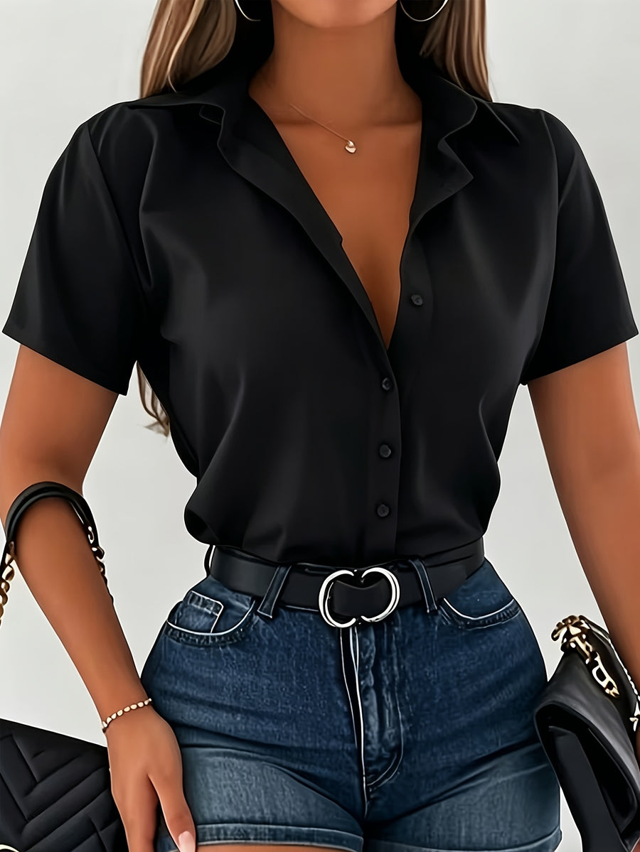 Spring/Summer Women's Short-Sleeve Solid Color Shirt for Daily and Commuting Wear, Machine Washable Shirt - Black