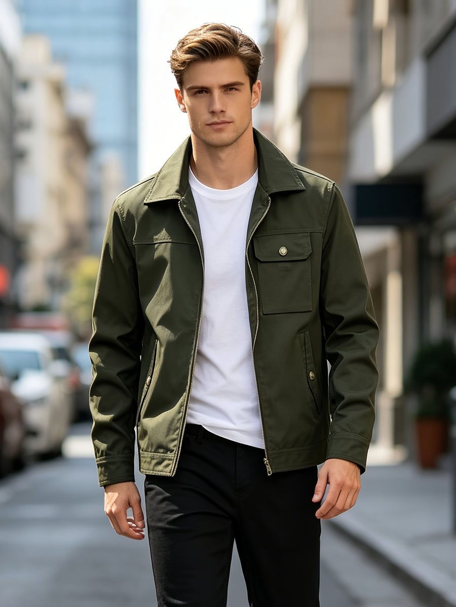 Men's Vintage Military Green Bomber Jacket with Lapel Collar & Zipper Closure - Loose Fit Multi-Pocket Coat Suitable for Spring/Autumn, Casual Streetwear Outerwear, Hand Washable Retro Blazer - fern green