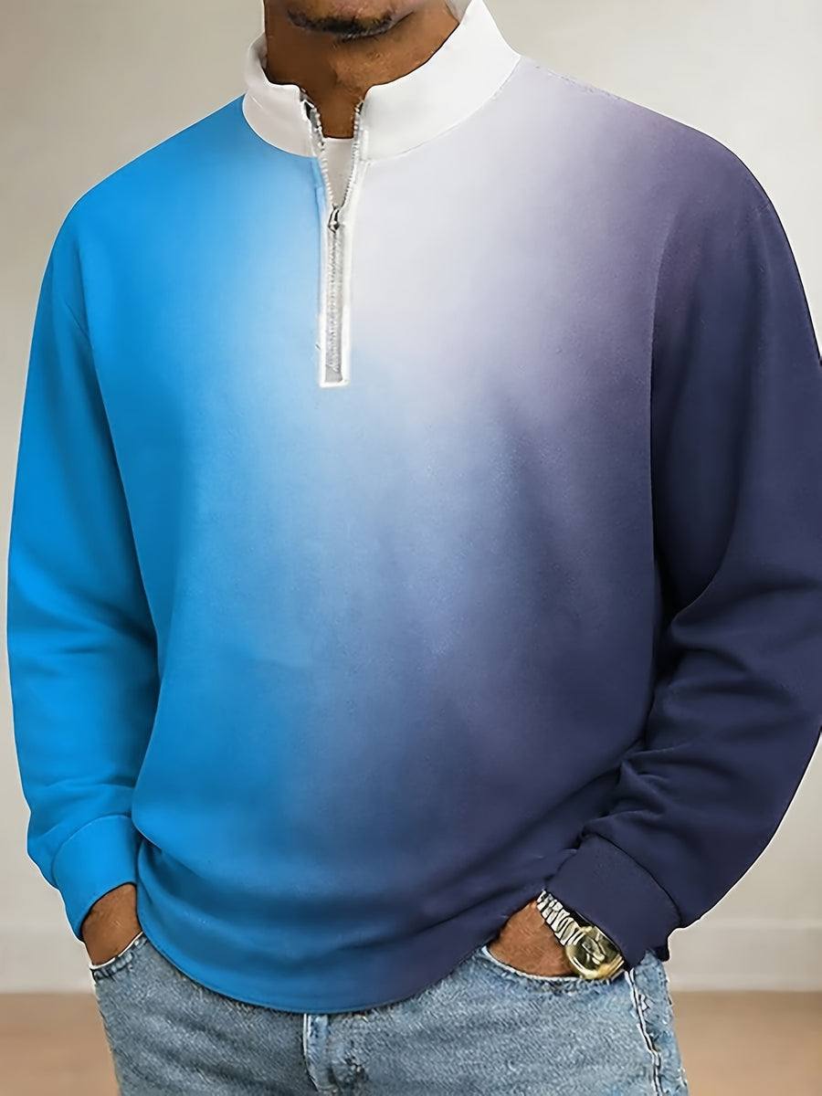 Men's Half-Zip Stand Collar Gradient Print Sweatshirt, Single Pc, Spring/Autumn Casual Pullover Top, Loose Drop-Shoulder Fit, Ribbed Cuffs and Hem, Comfortable Skin-Friendly Fabric, Trendy Gradient Color Pattern, American Casual Style, Plus Sizes - Blue-violet