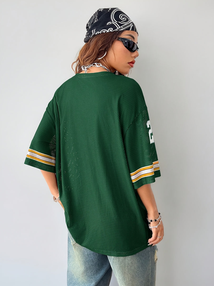 Women's Semi-Sheer V-Neck T-Shirt with Number 23 Print & Panel - Letter '23', Non-Stretch Casual Blouse Top Suitable for, Casual Attire, Layering, Machine Washable, Year-Round Outfits - Green