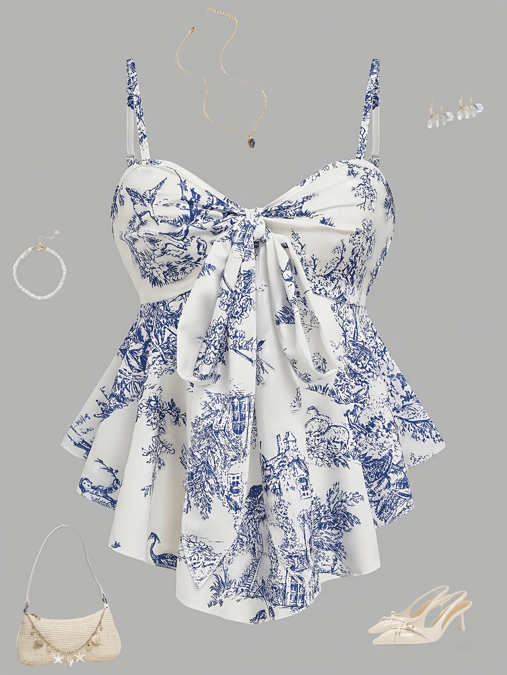 Elegant and Fashionable Women's French-style Bow-tie Waist-cinching Printed Camisole with a Front-long Back-short Ruffled Hem, a Gentle Commuting Top Suitable for Dates, Travel, Parties, and Gatherings - White