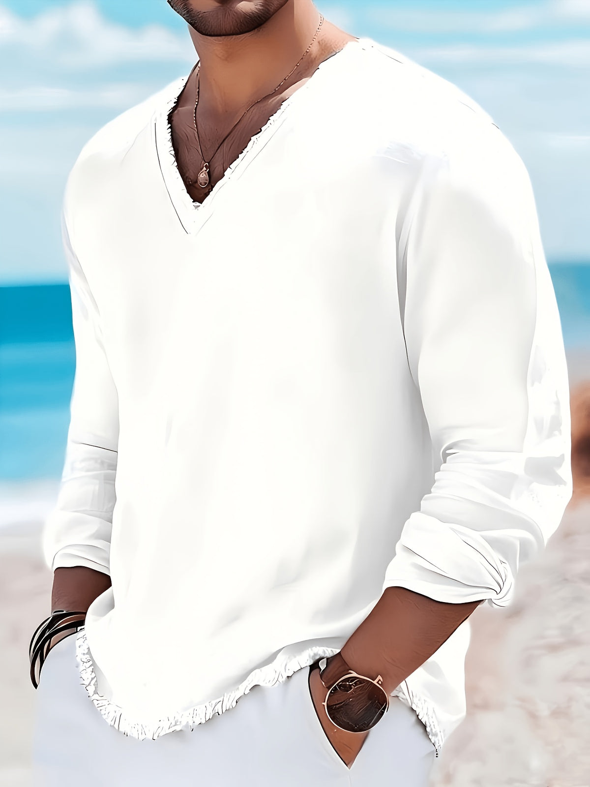 European and American Cross-Border Fashion Men's Washed Long-Sleeve Shirt - White