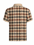Men'S Half-Zip Short Sleeve Polo Shirt, Vintage Houndstooth All-Over Digital Print, Beige with Contrast Ribbed Collar And Cuffs, Polyester Fabric, British Retro Casual Style, Daily Commute Seaside Vacation Outfit, Summer - Mixed colors
