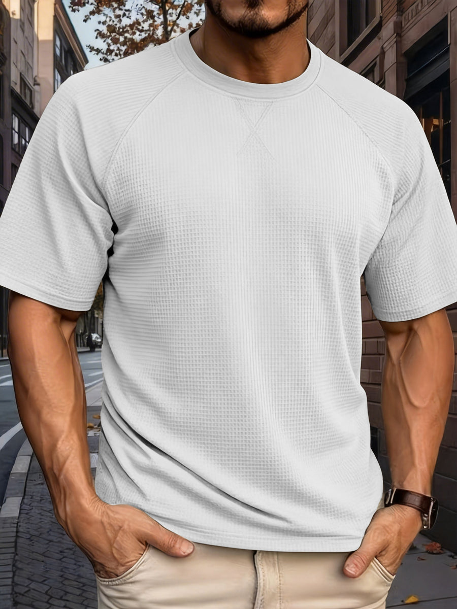 Men's Short-sleeve Waffle T-shirt, Lightweight and Breathable Crewneck Top, Suitable for Daily Casual Wear, Summer Vacations, and Outdoor Activities, with a Loose Fit - 1pc White