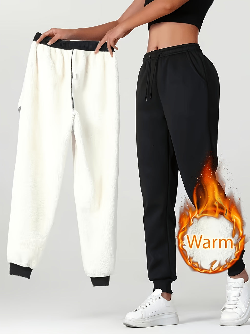 Winter Women'S Athletic Long Pants, Fleece-Lined Thick Casual Trousers with Elastic Waist And Ankle-Cinching Design - Black