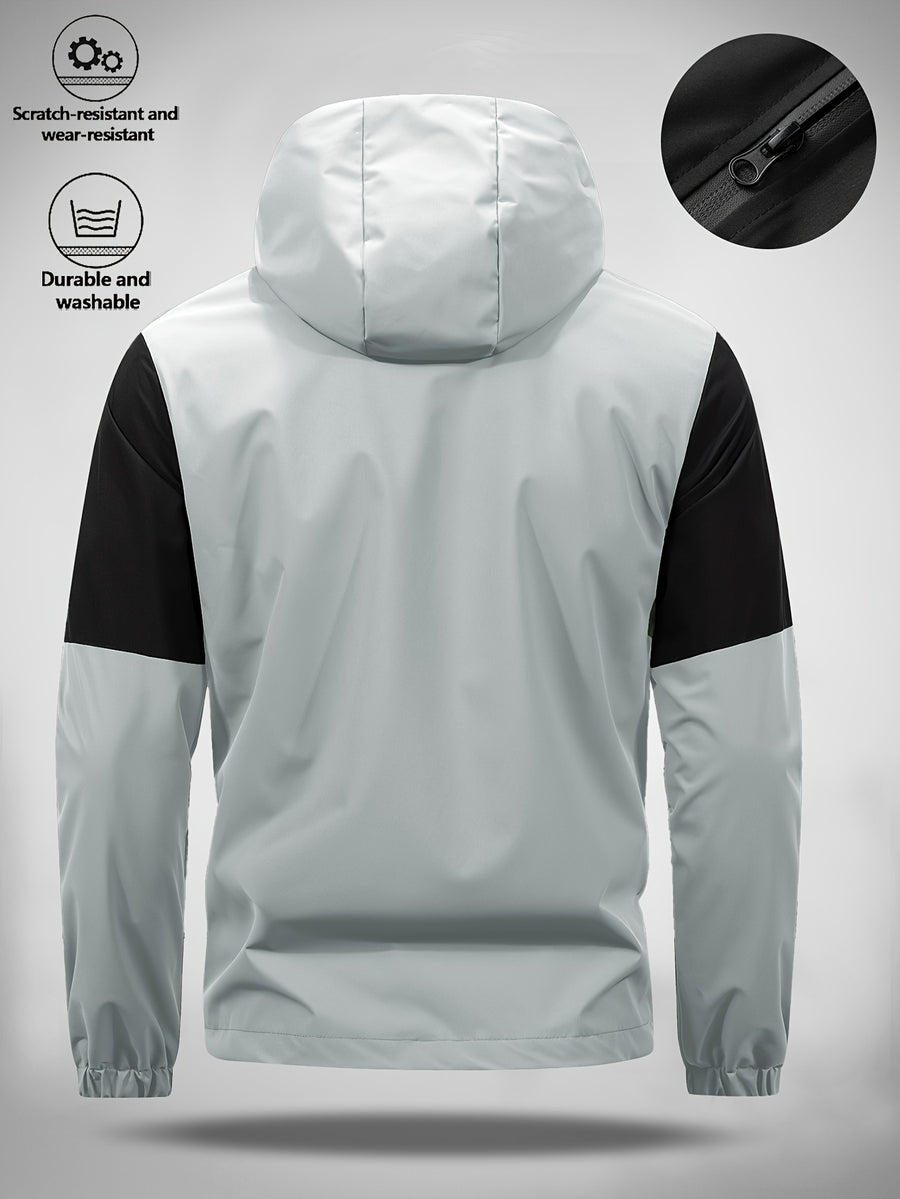 Men's Hooded Jacket with Bull Logo Colorblock Hooded Outdoor Jacket, Men's Sporty Casual Outerwear, JK1859 - Grey