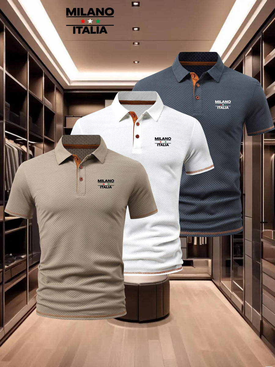 Men'S Mature Lapel 3pcs Short Sleeve Polo Shirt Set, Horizontal Three Stars ITA Pattern Short Length Caramel Brown 3-Button Placket, 3-Color Waffle Knit Fabric, Urban Daily Wear Durable Stretch Casual Top - Khaki