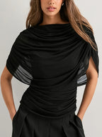 European and American Style Cross-border Women's Clothing Autumn and Winter New Scarf Collar Pleated Sleeveless Slim Top - Black