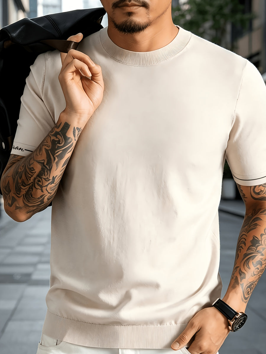 Men' Summer Short-Sleeve Knit Shirt with White-Trimmed Cuff - Stretchable Round Neck -Compatible Suitable for Urban Streetwear & Business Casual, Solid Color Multi-Color Tunic Top for Commuting and Office Wear - Yami Apricot