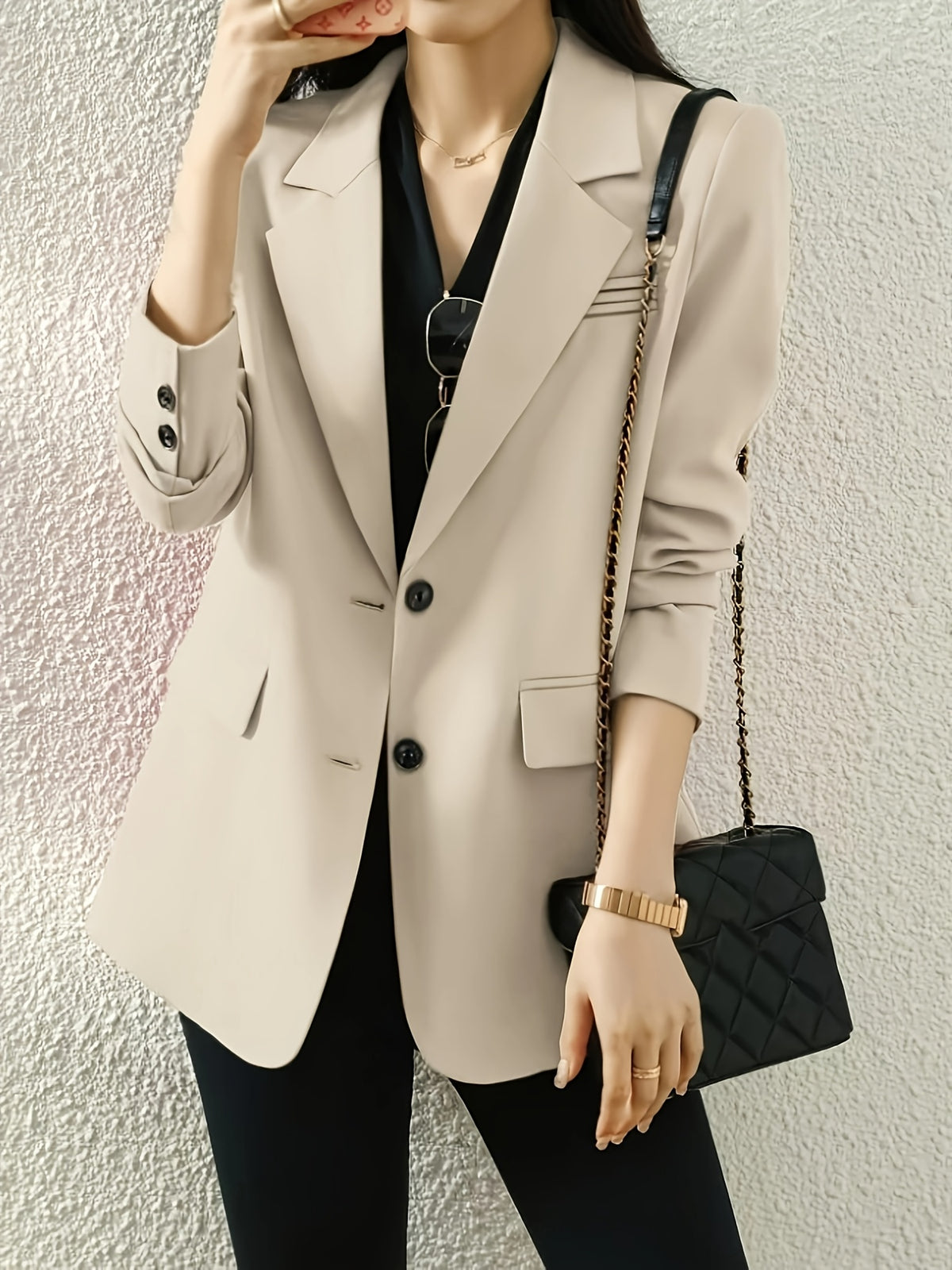 (YYTT) Fashion Women'S Elegant Suit Jacket Trendy Casual Back Slit Button-Detail Solid Color Lapel Single-Button Suit Coat - Apricot