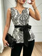 Women's Printed Sleeveless Cinched Waist Top, V-Neck Belted Shirt, Slim Fit Lace-Up Casual Hot Tank Top - Mixed colors