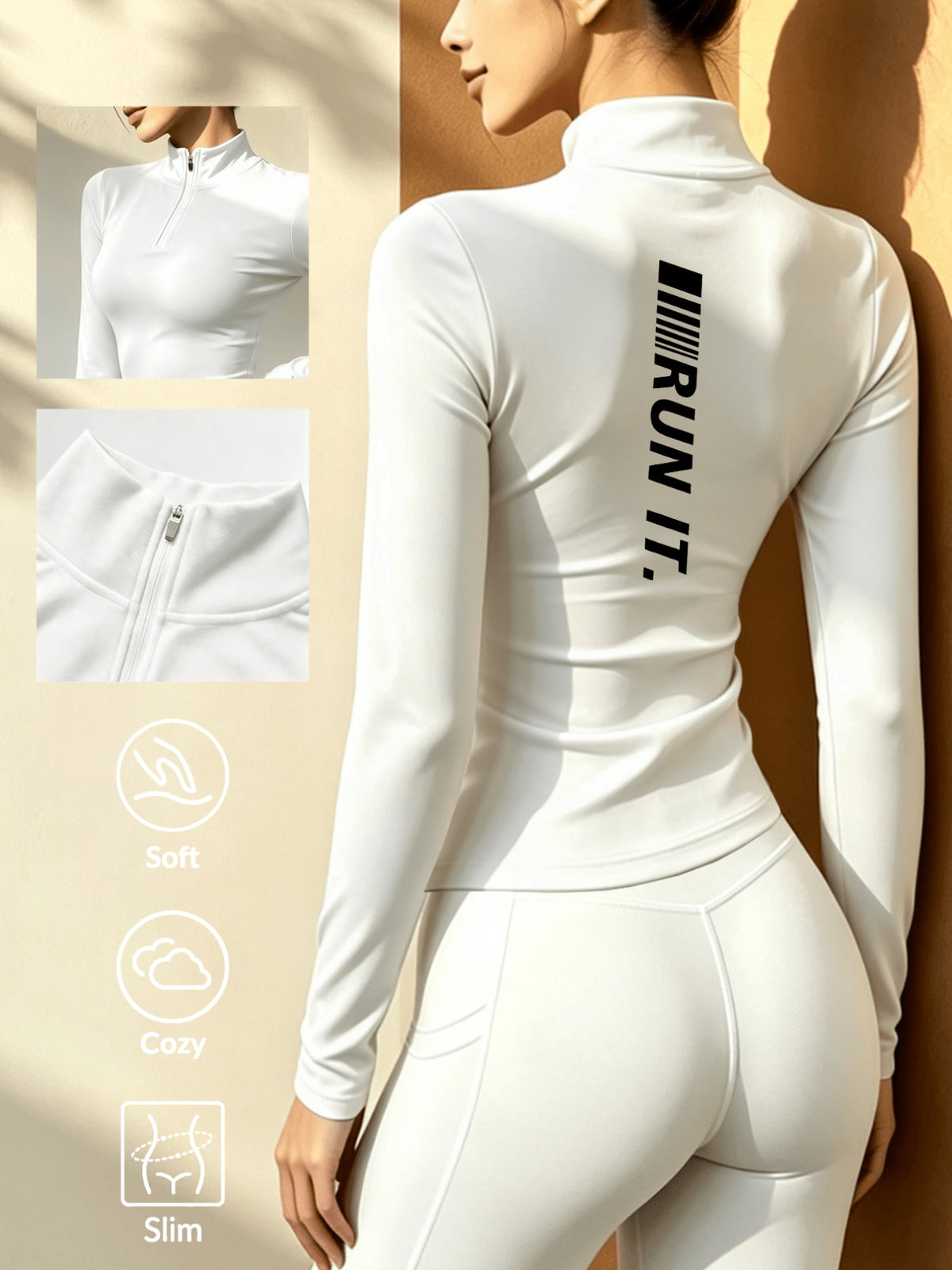 Women's Soft Zip-Up Base Layer Top, Ideal for Cycling,, and Activities During the Cold Autumn and Winter Seasons - White