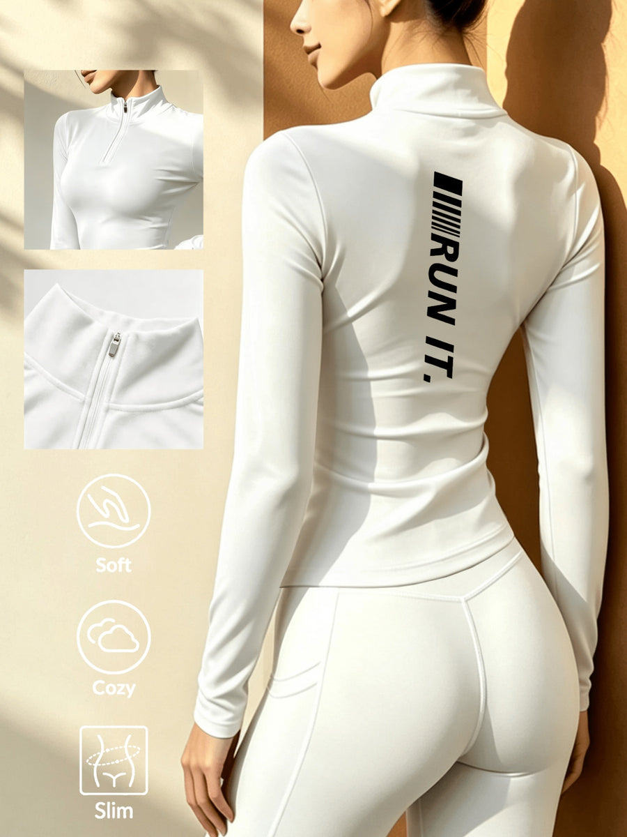 Women's Soft Zip-Up Base Layer Top, Ideal for Cycling,, and Activities During the Cold Autumn and Winter Seasons - White
