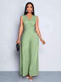 Women's Casual and Elegant Sleeveless Jumpsuit, Business Casual Wear, Simple Style Office Attire for Women - Light Green