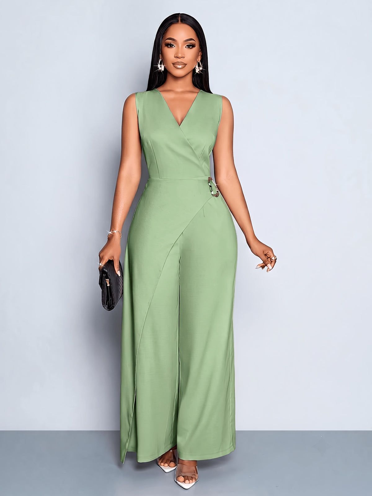 Women's Casual and Elegant Sleeveless Jumpsuit, Business Casual Wear, Simple Style Office Attire for Women - Light Green